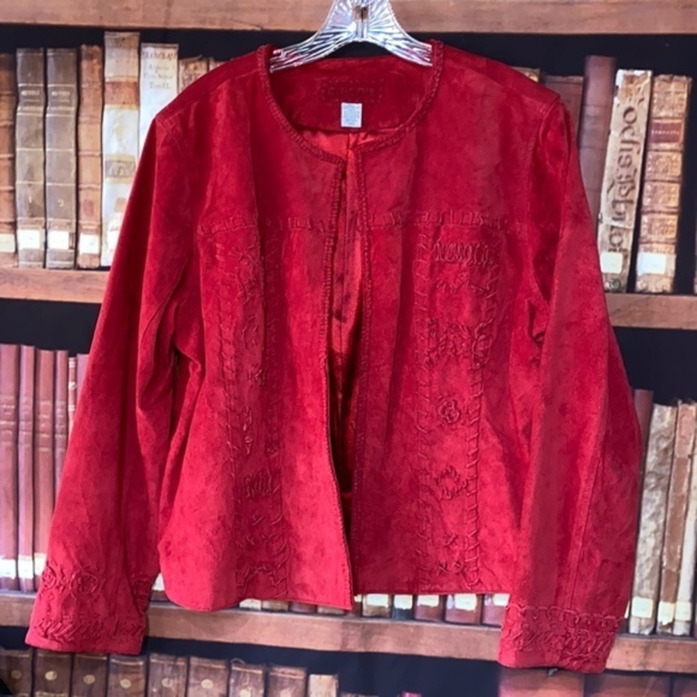 Chico's Red Suede Leather Jacket Laced Rosette Boho Western Sz 2